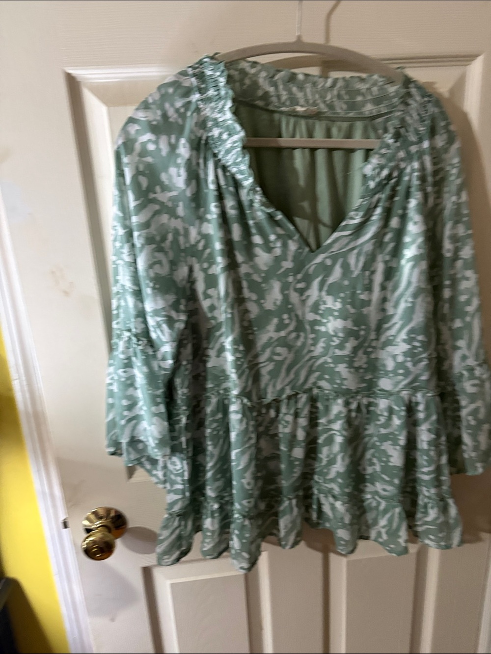entro Sage Green and White Printed Ruffled V‑Neck Tunic